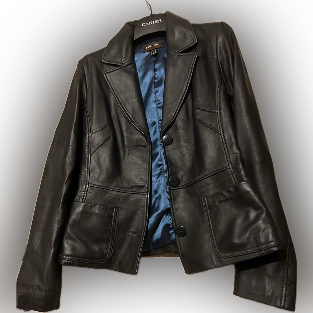 Danier Black Leather Jacket with Blue Lining - Picture 2 of 6